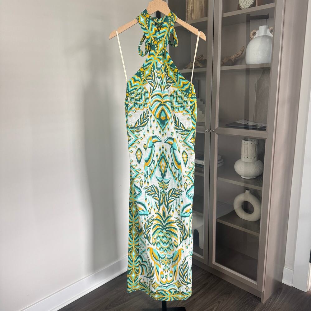 FARM RIO Tropical Tapestry Halter Neck Maxi Dress Medium NEW Green Yellow Print - Picture 2 of 7